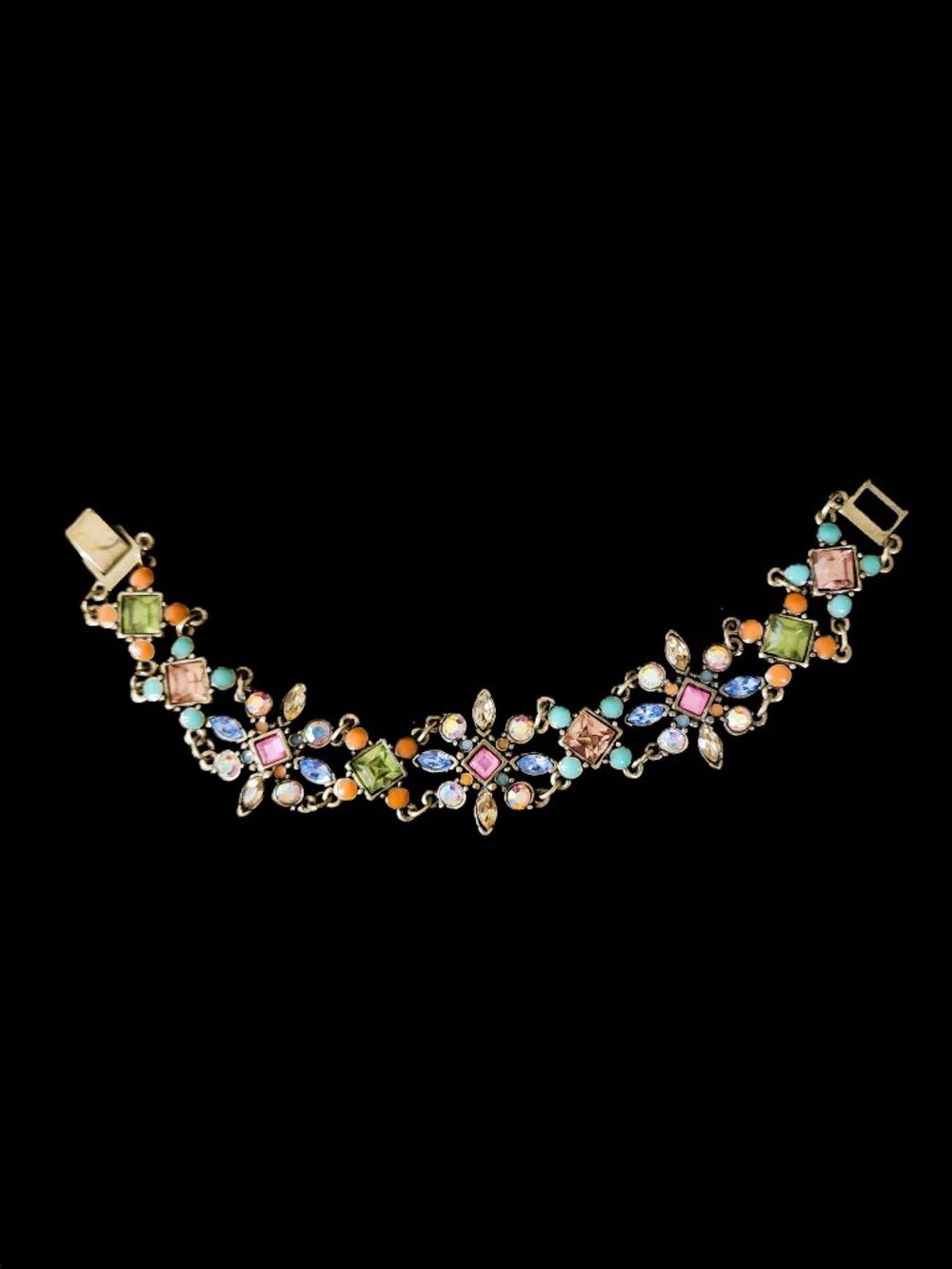 Vintage 80s Multi-Color "Fruit Salad" Rhinestone Bracelet - Antique Brass Tone